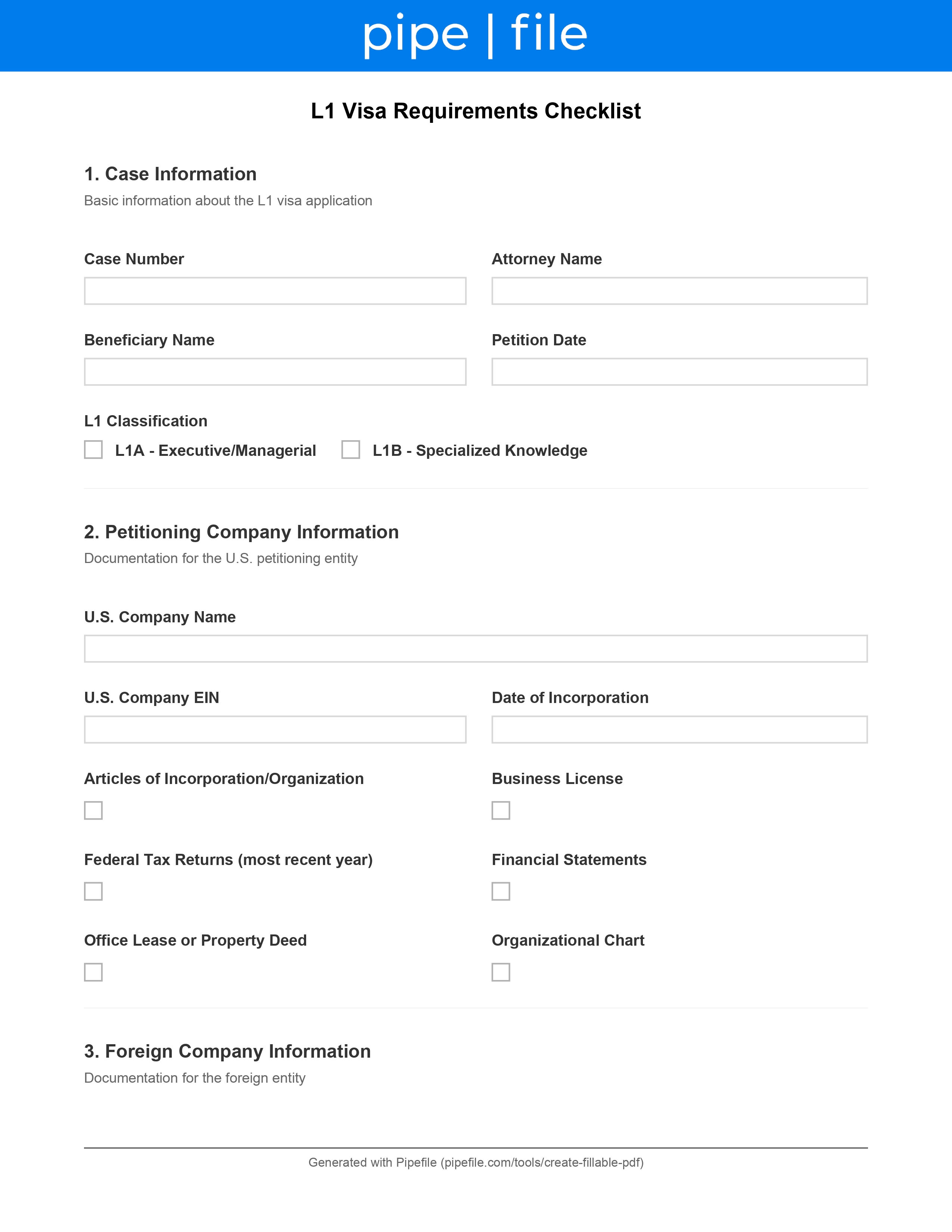 L1 Visa Requirements Checklist form template preview