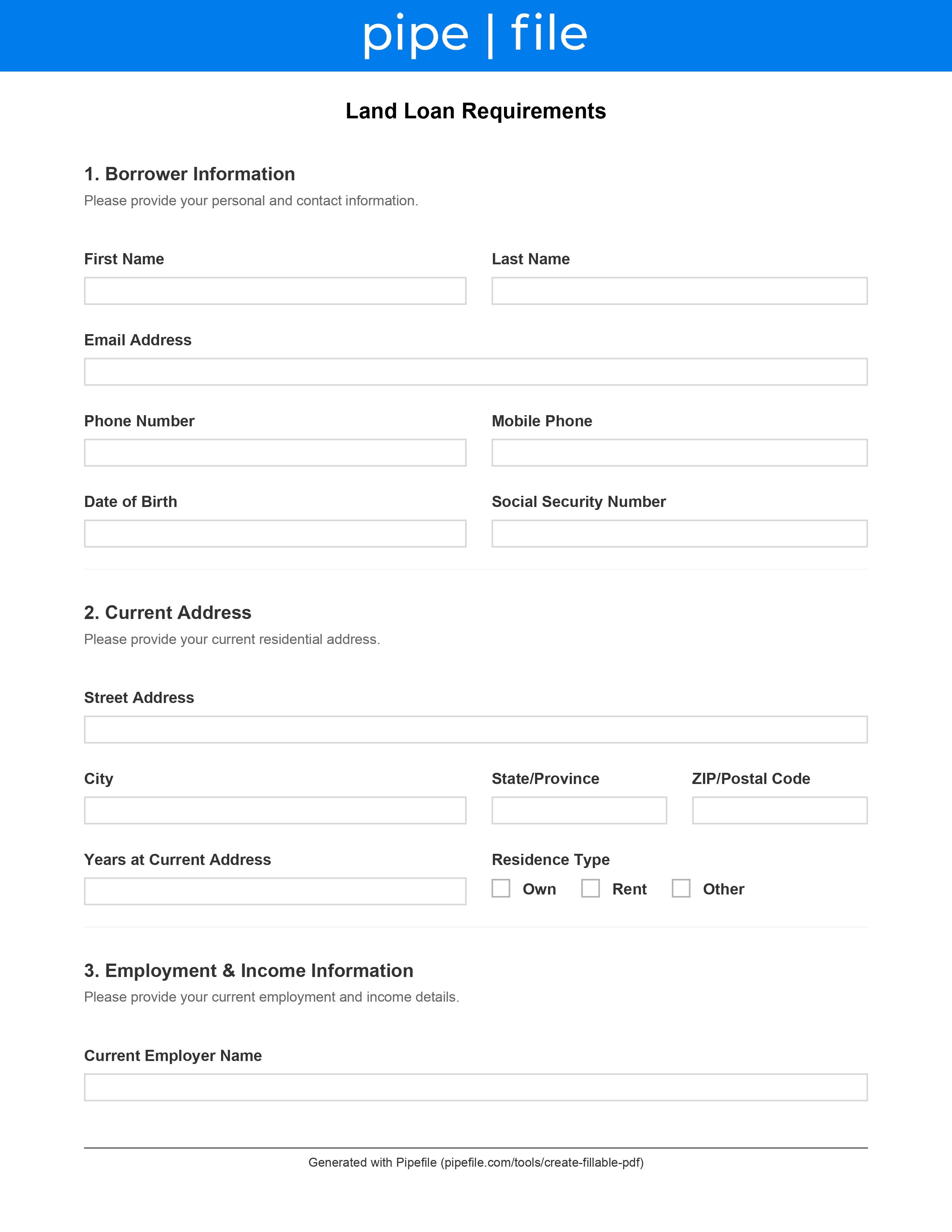 Land Loan Requirements form template preview