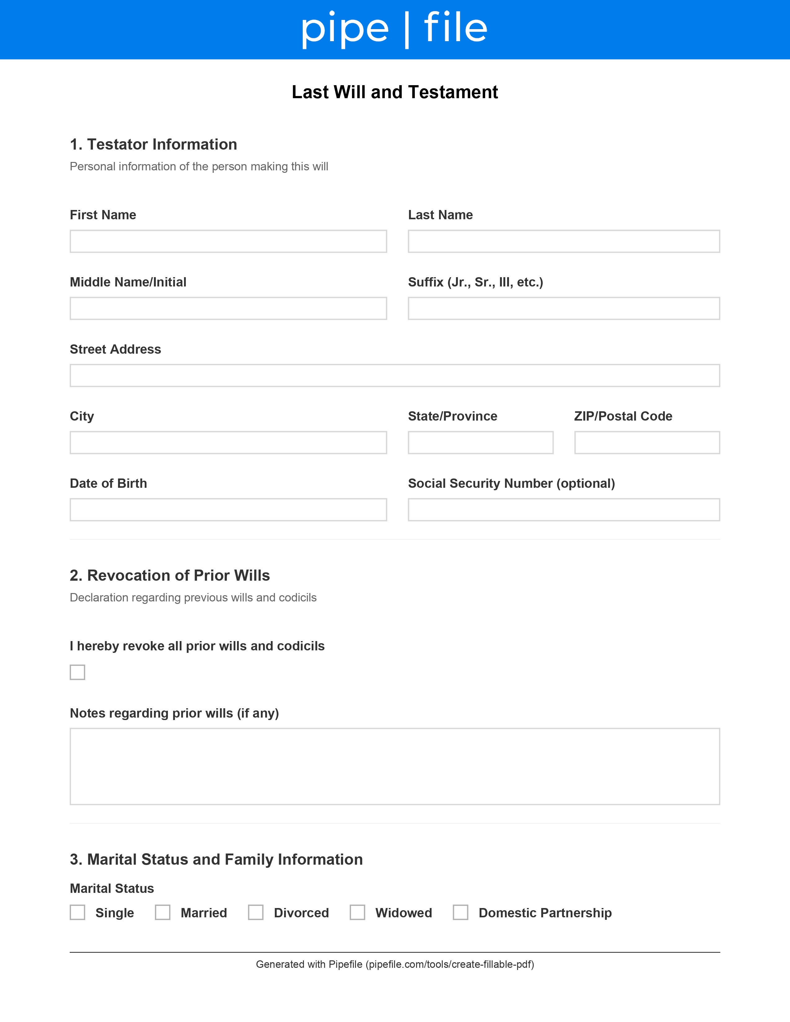 Last Will and Testament Template form template preview