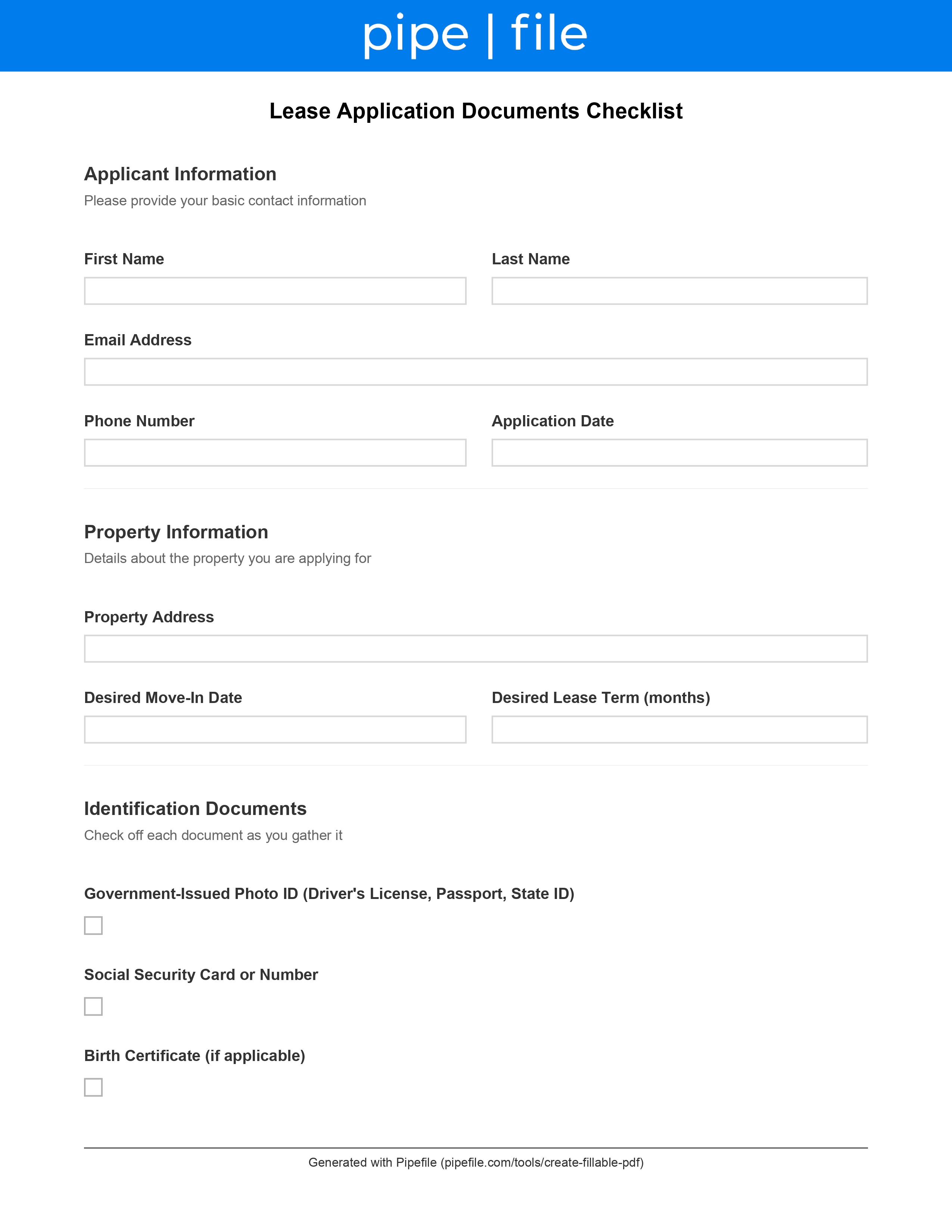 Lease Application Documents Checklist form template preview