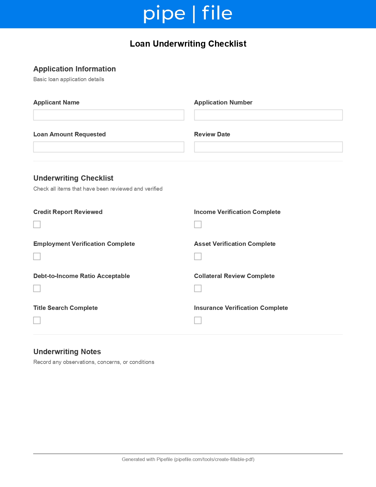Loan Underwriting Checklist form template preview