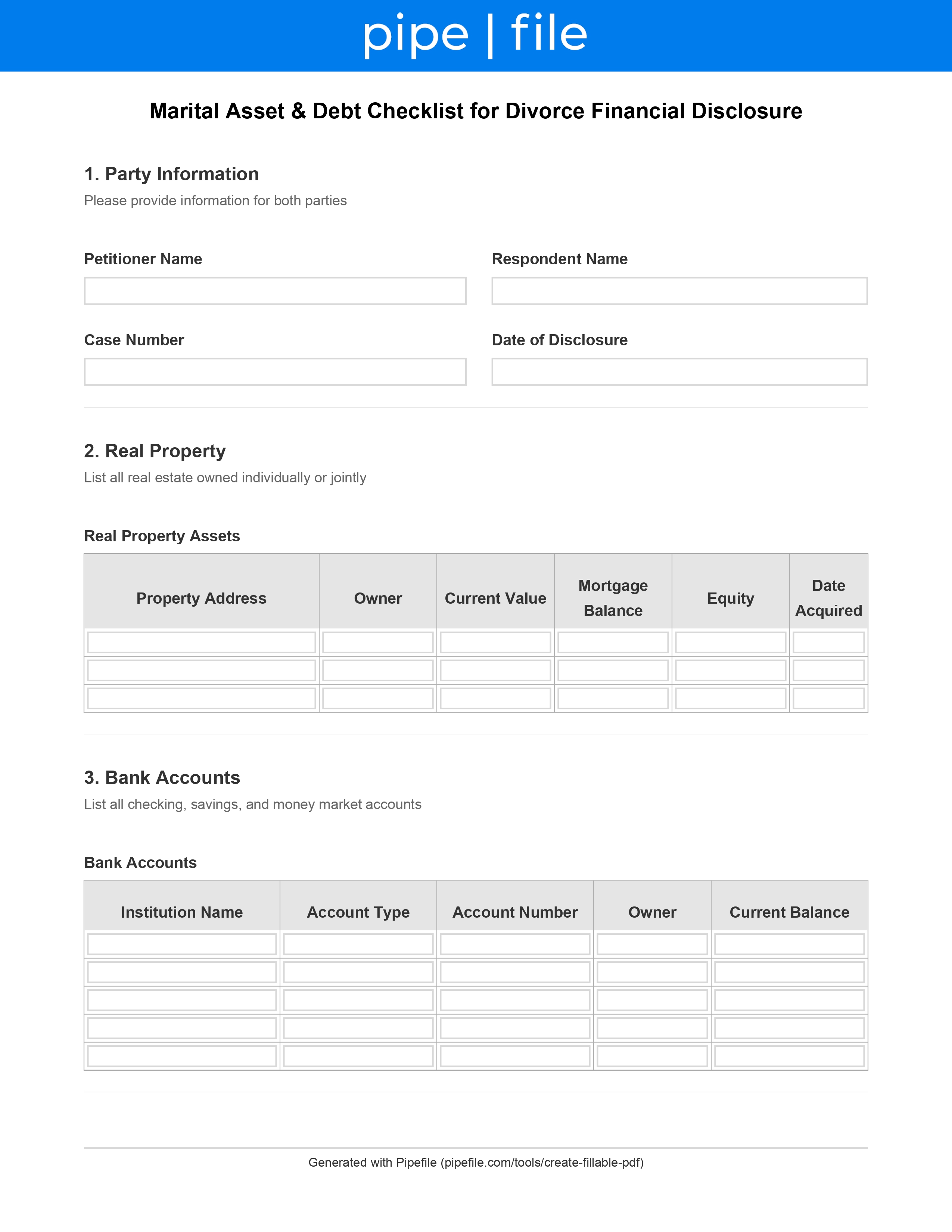 Marital Asset & Debt Checklist: Divorce Financial Disclosure form template preview