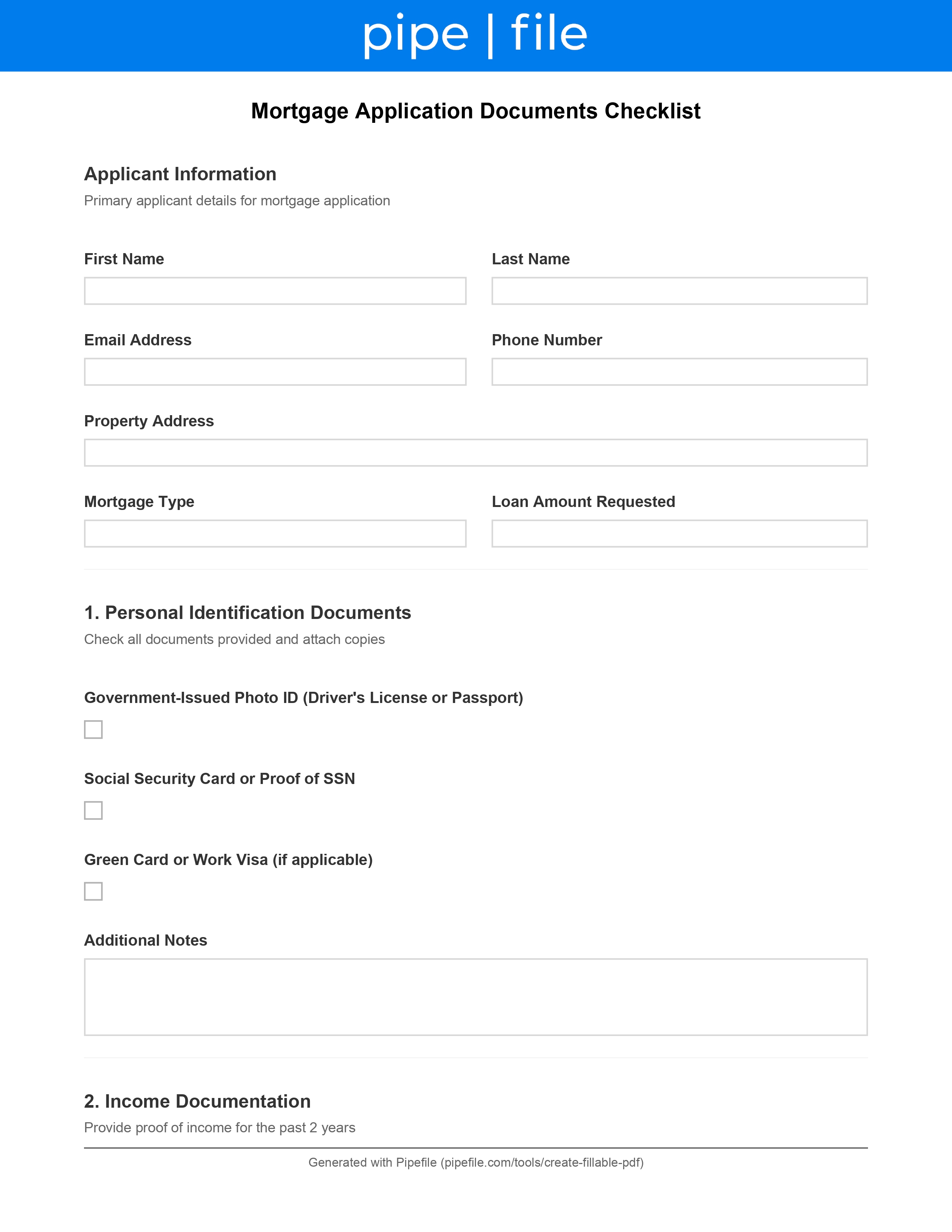 Mortgage Application Documents Checklist form template preview