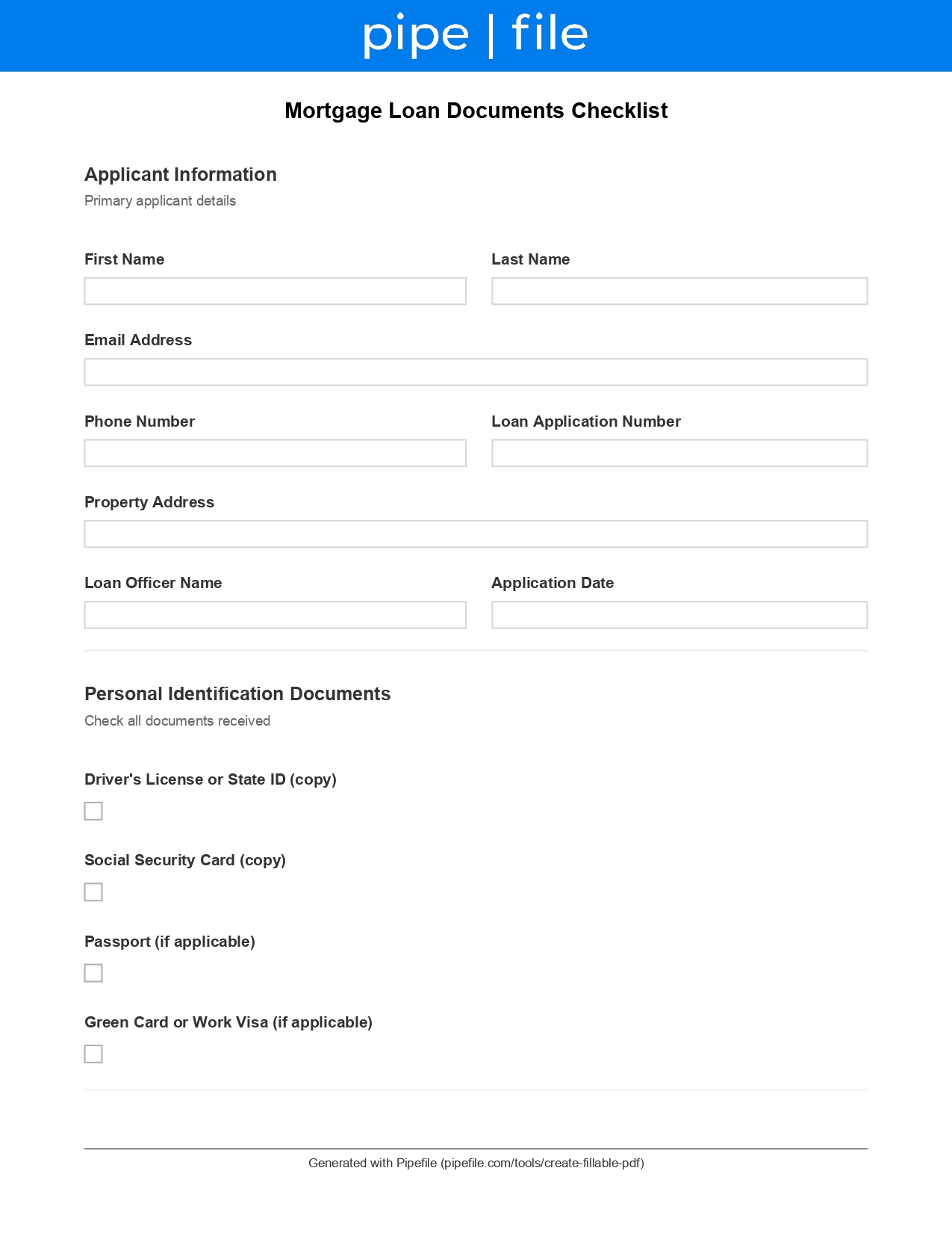 Mortgage Loan Documents Checklist form template preview