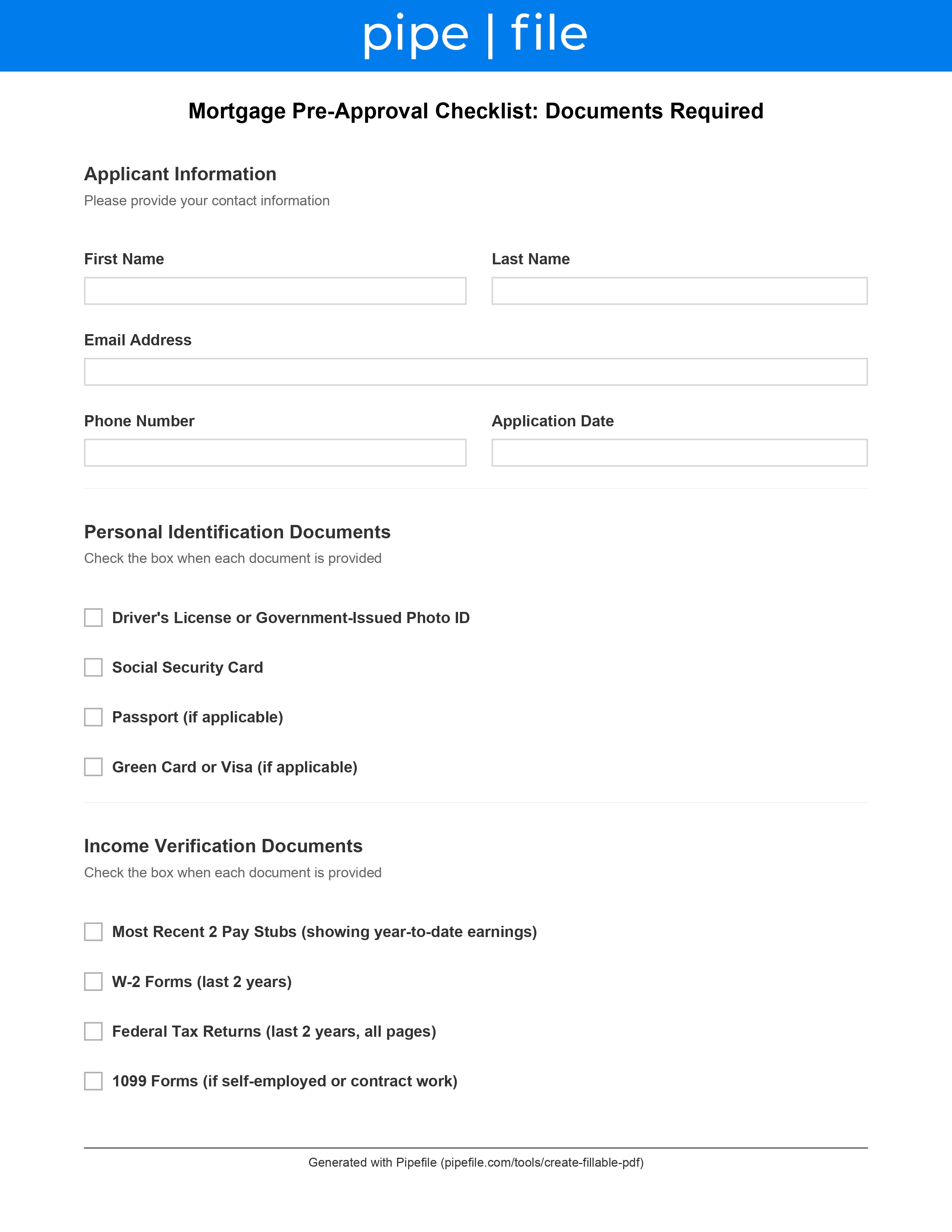 Mortgage Pre-Approval Checklist: Documents Required form template preview