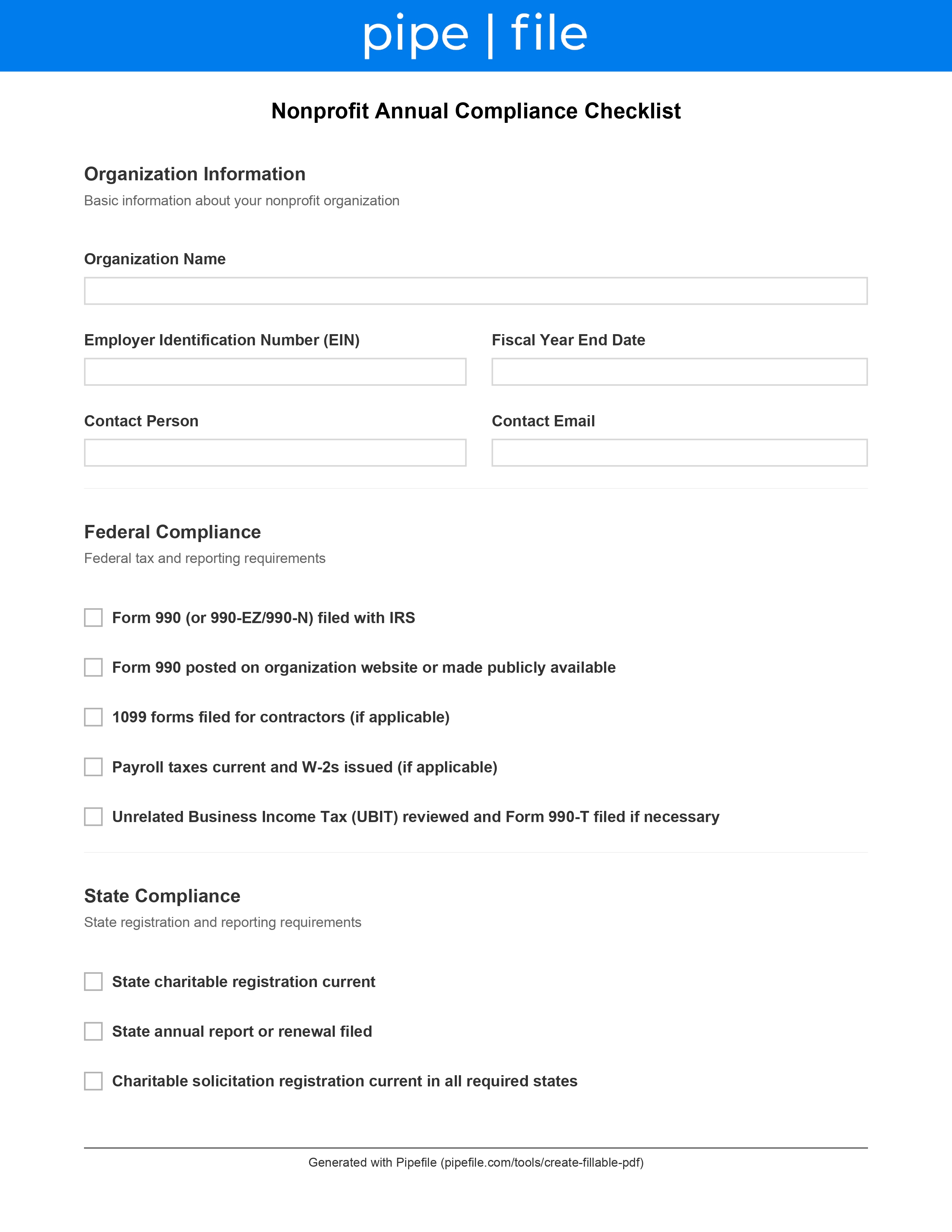 Nonprofit Annual Compliance Checklist form template preview