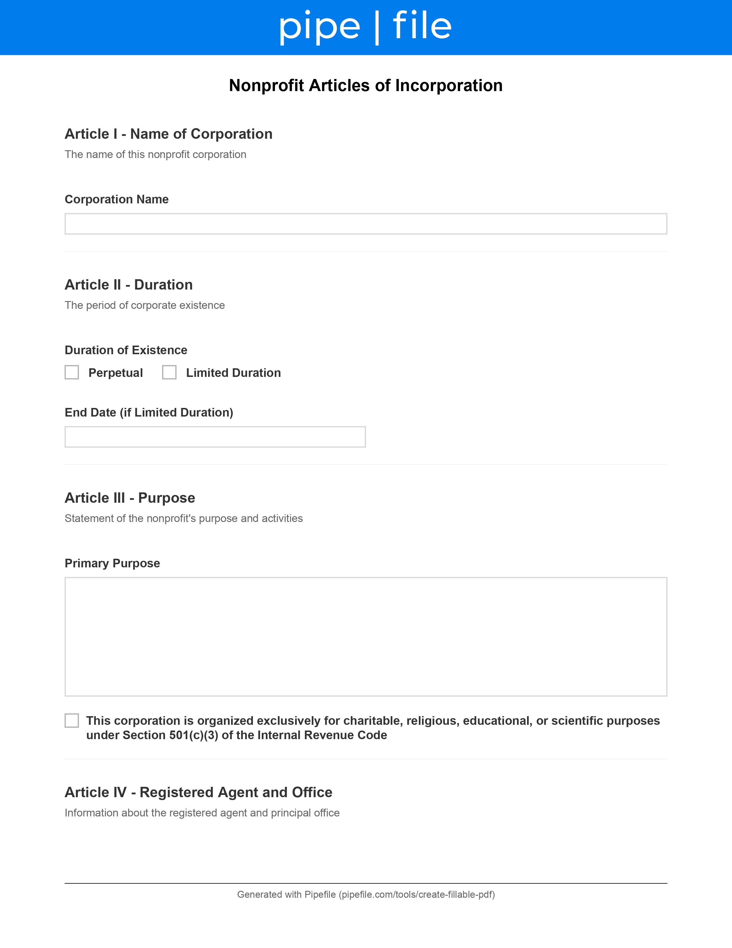 Nonprofit Articles of Incorporation Template form template preview