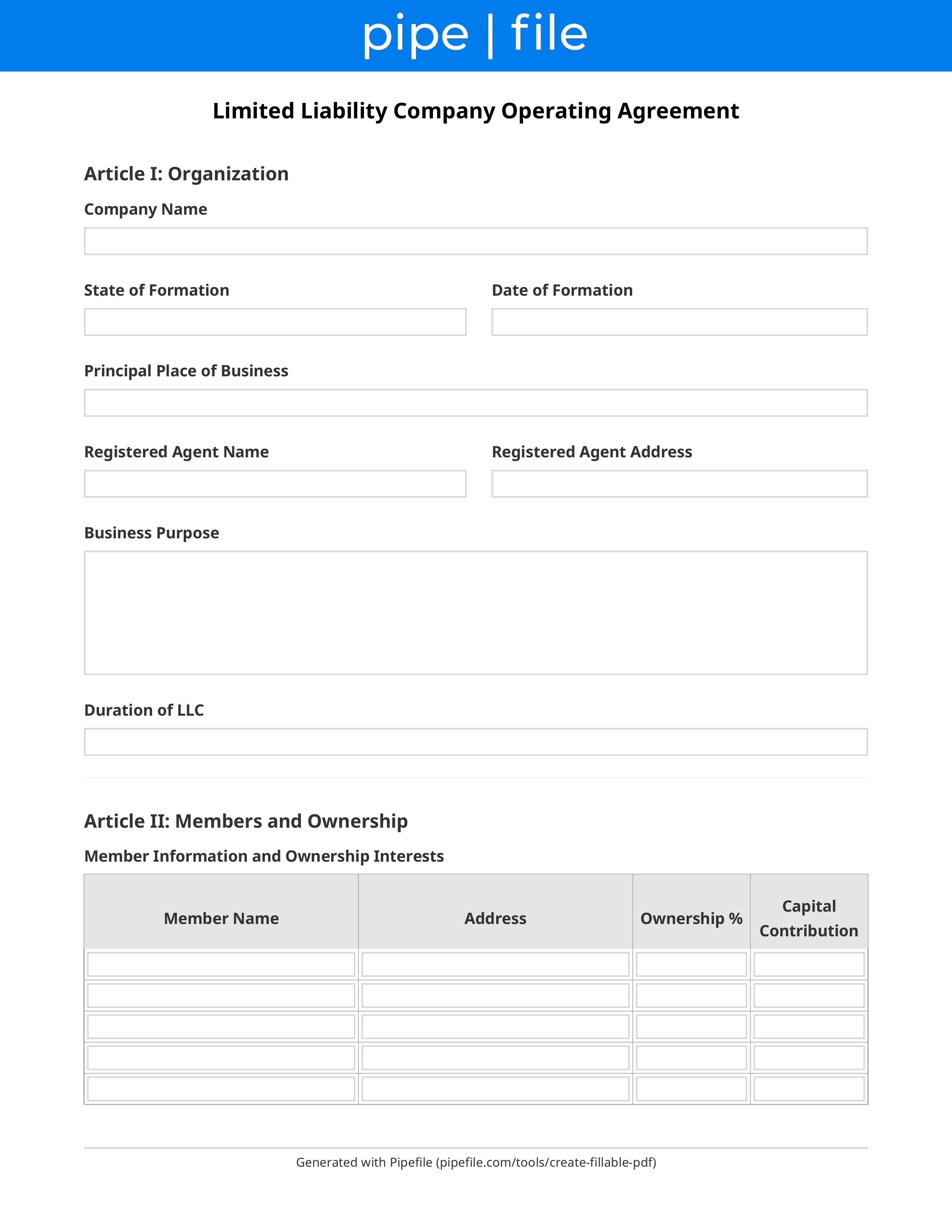 LLC Operating Agreement Template form template preview
