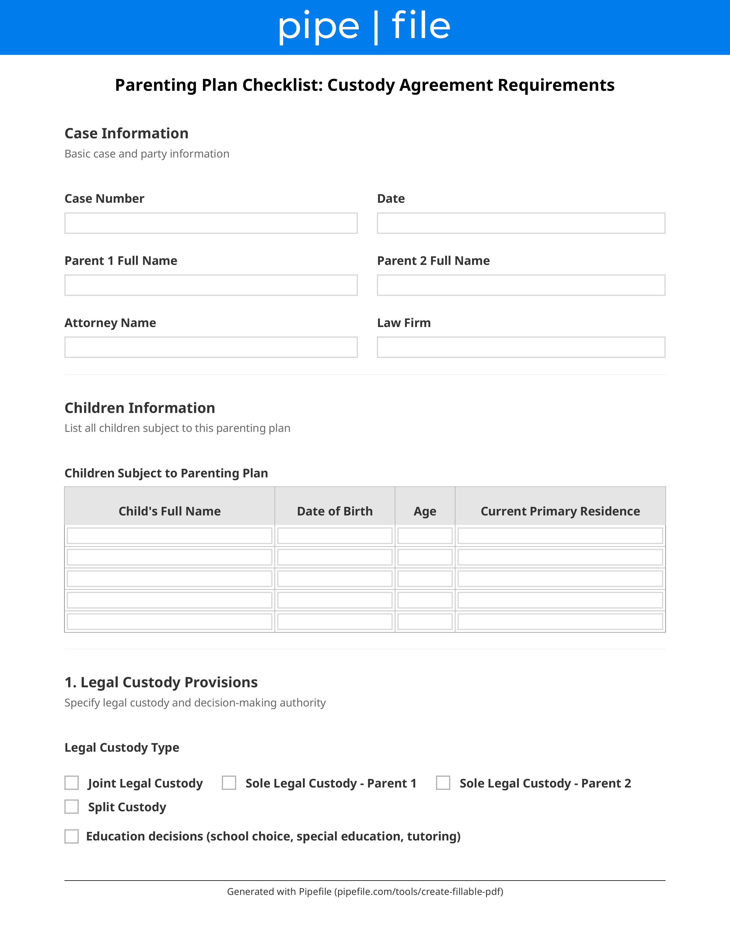 Parenting Plan Checklist: Custody Agreement Requirements form template preview