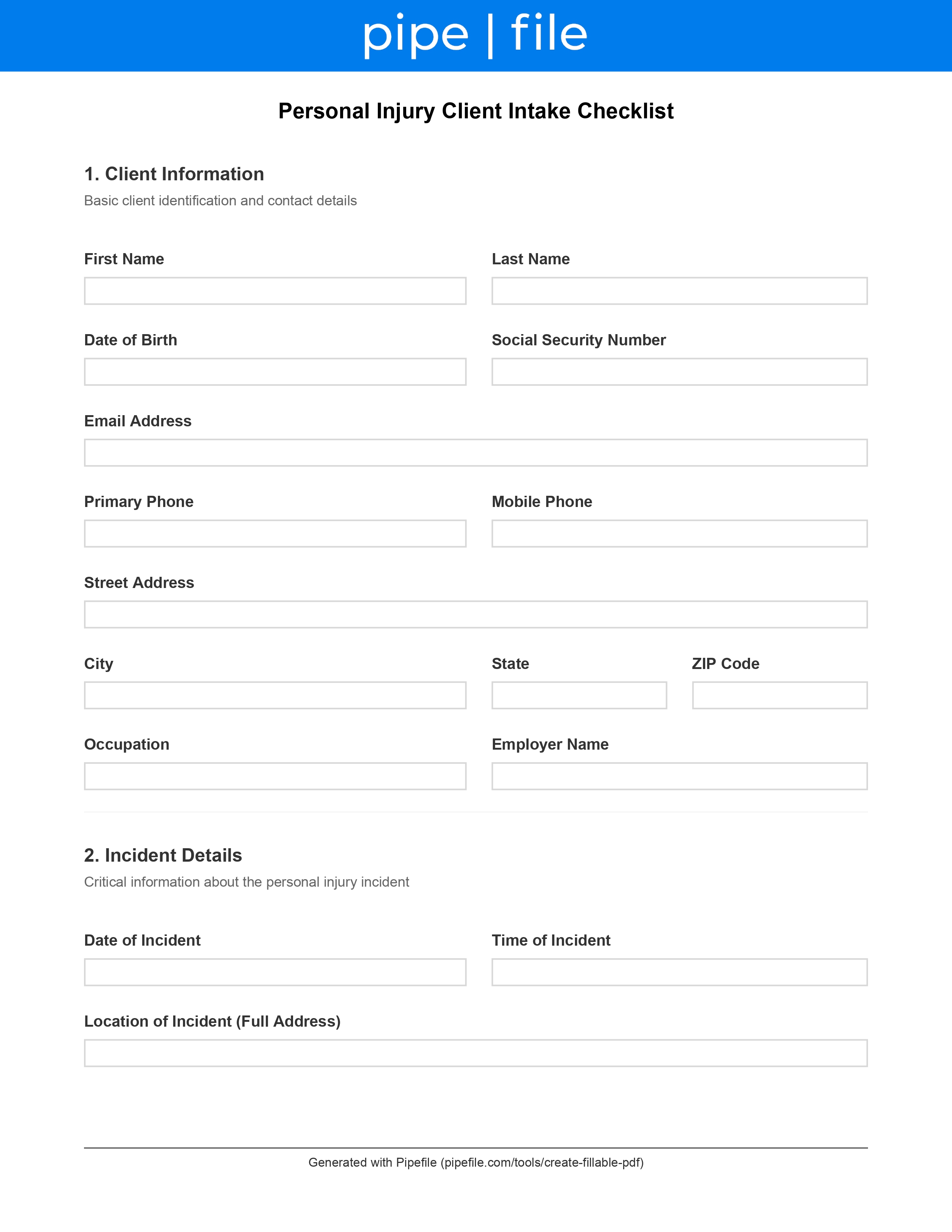 Personal Injury Client Intake Checklist form template preview