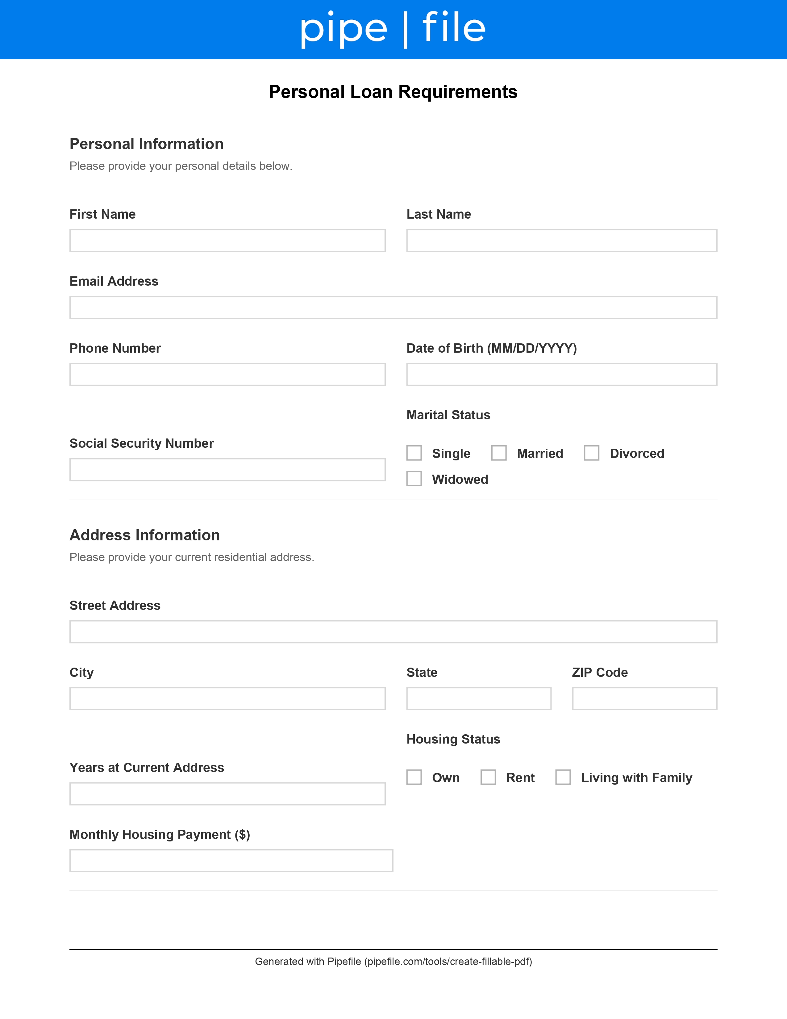 Personal Loan Requirements form template preview