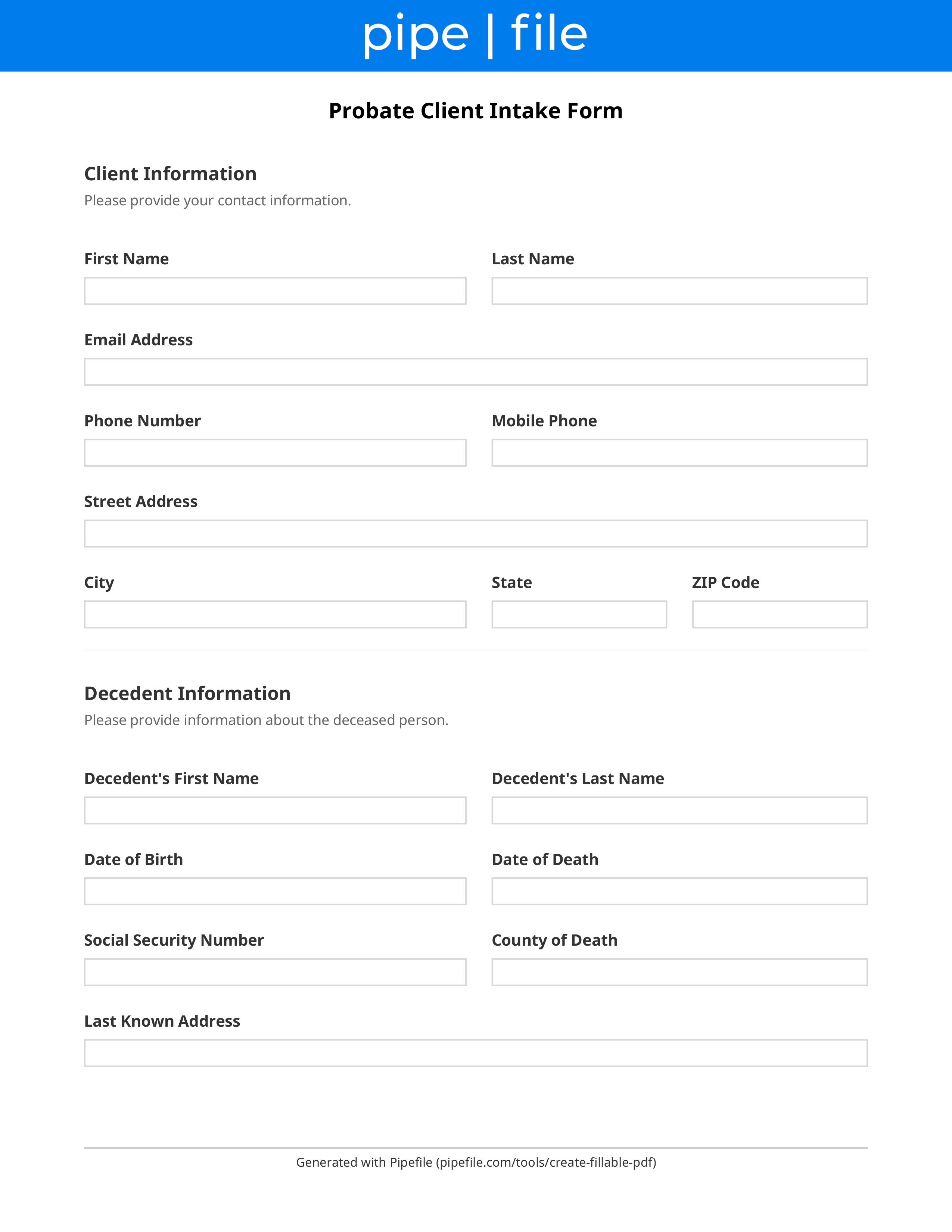 Probate Client Intake Form form template preview