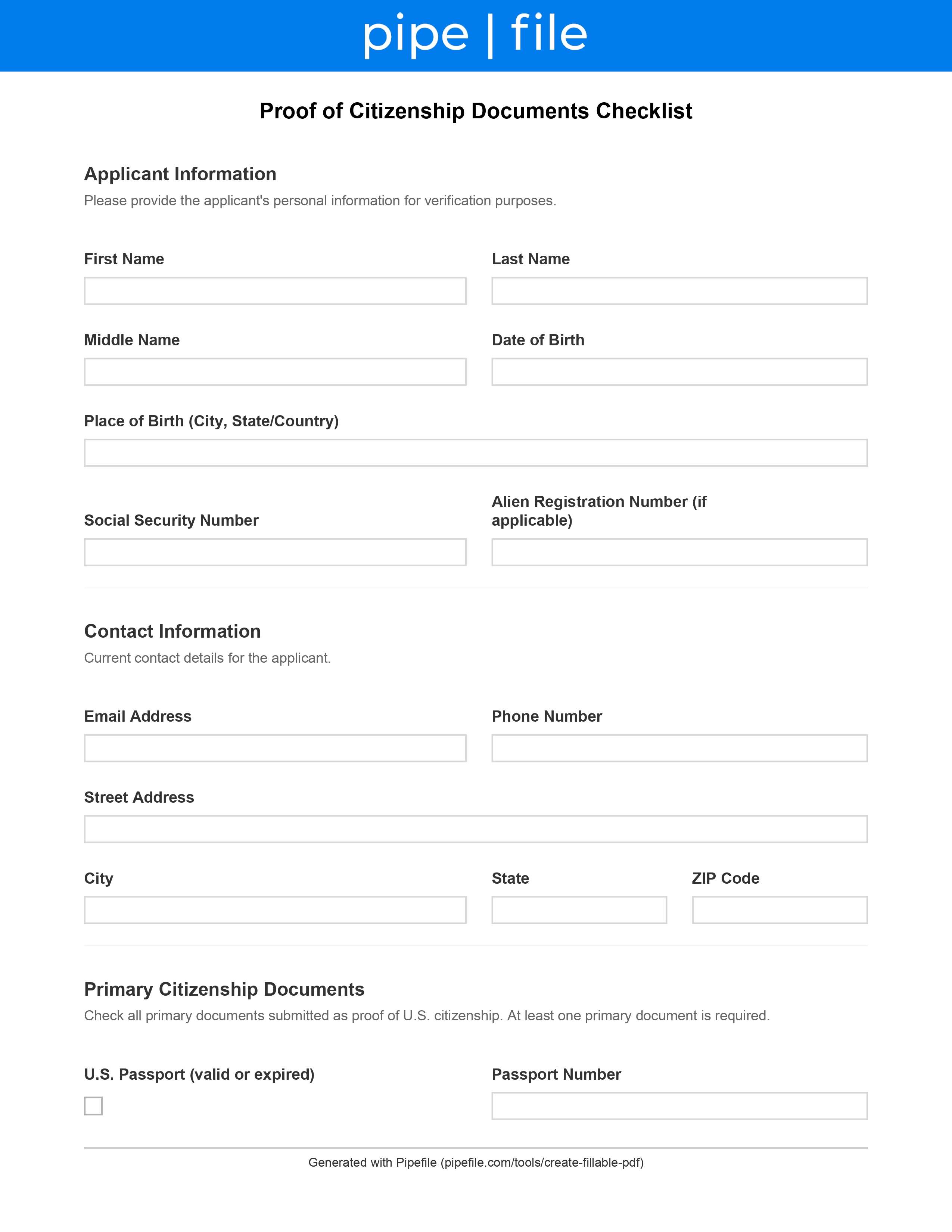 Proof of Citizenship Documents Checklist form template preview