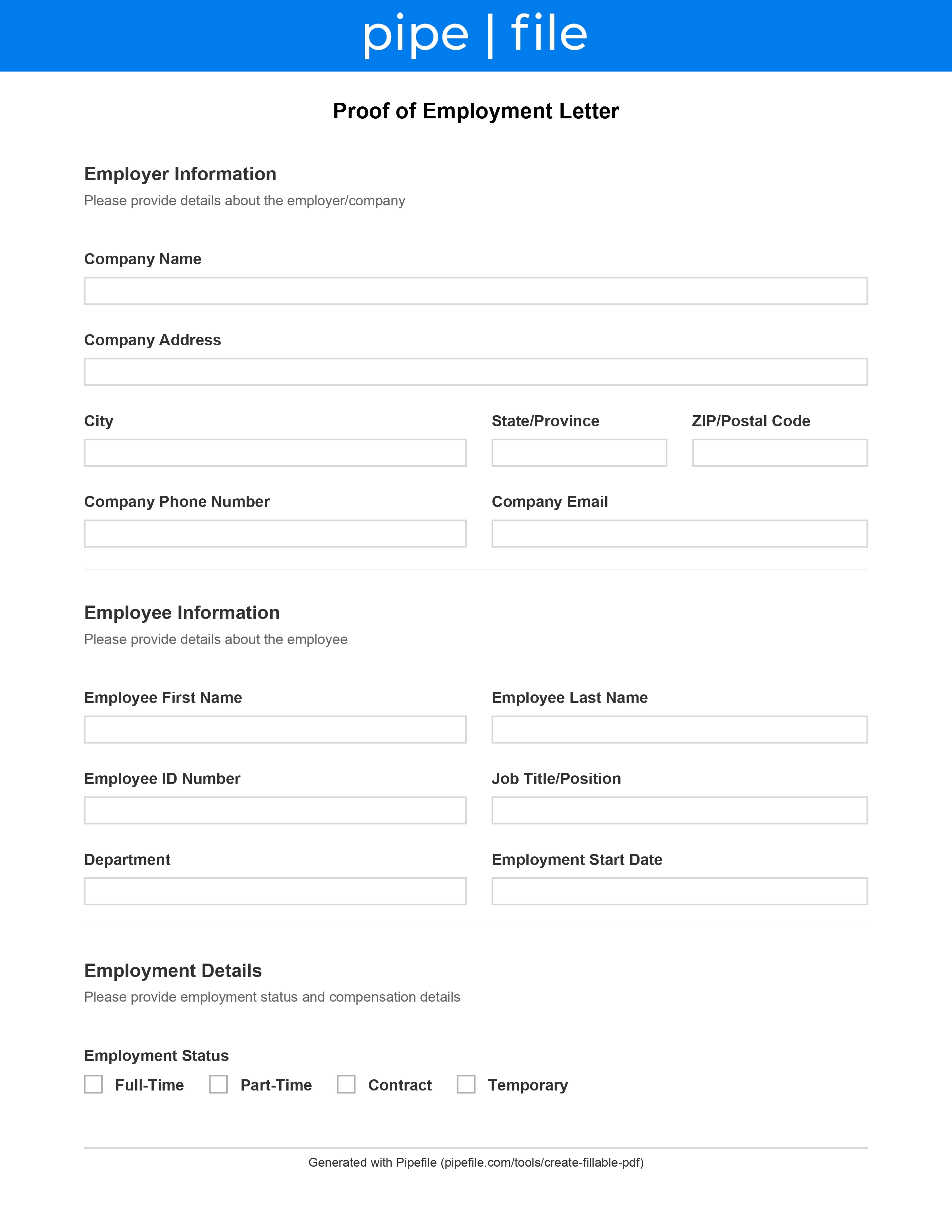 Proof of Employment Letter form template preview