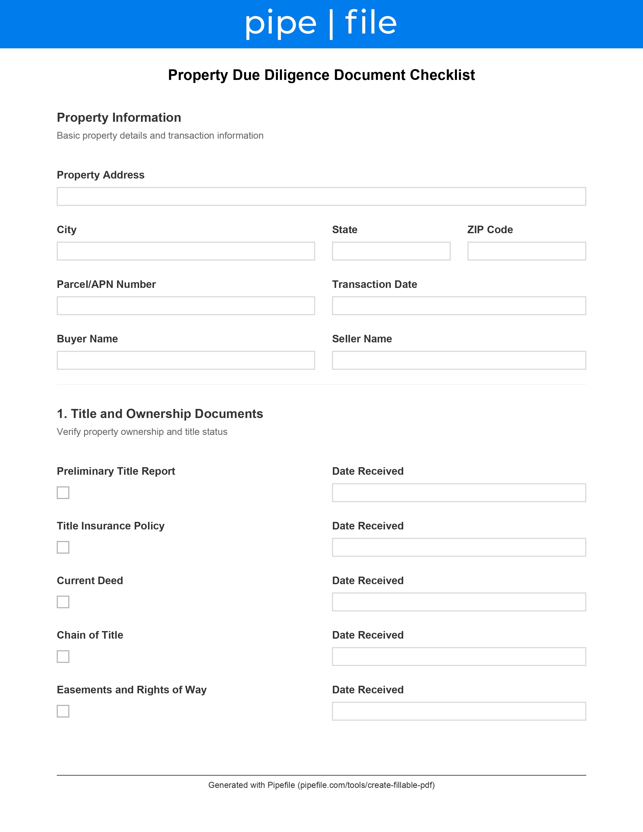 Property Due Diligence Document Checklist form template preview