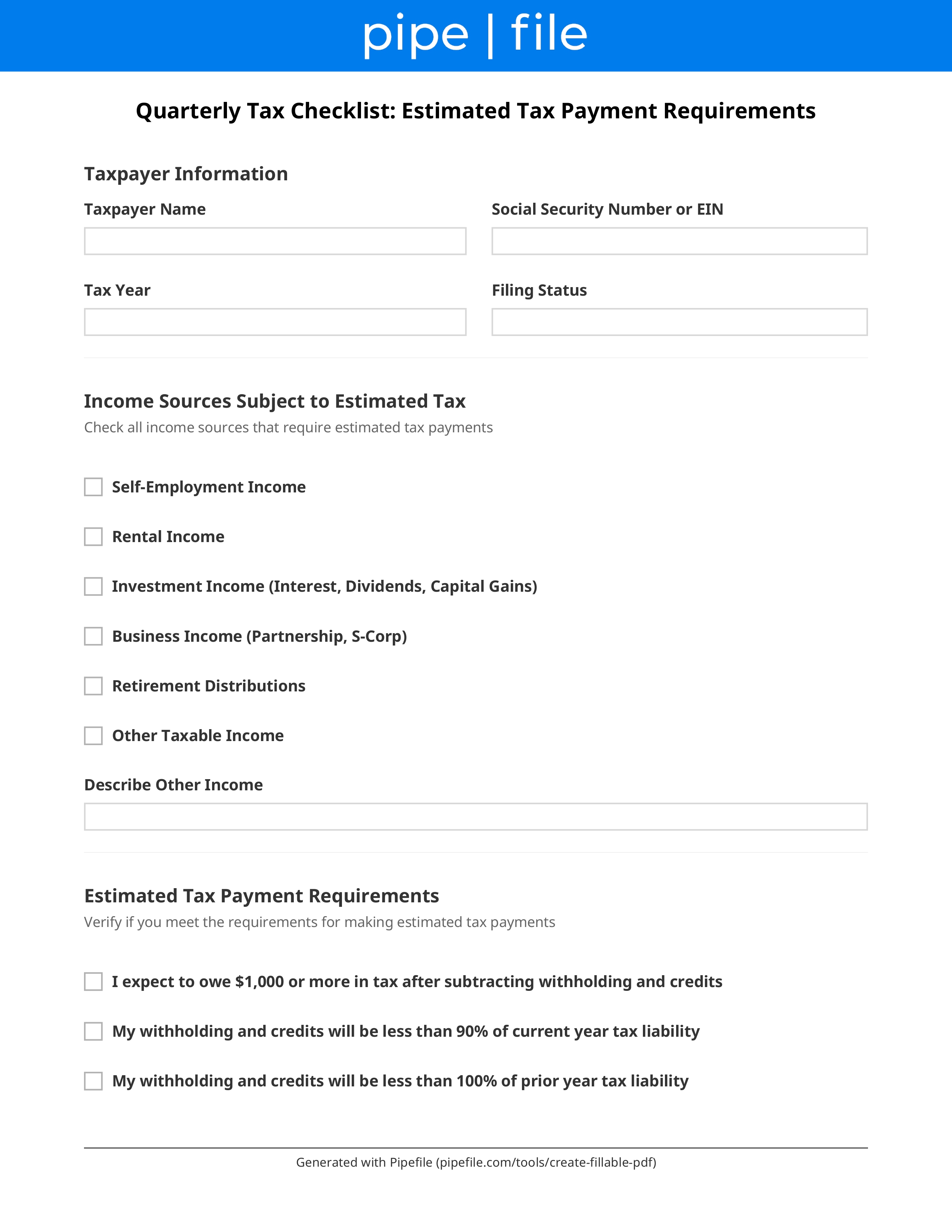 Quarterly Tax Checklist: Estimated Tax Payment Requirements form template preview