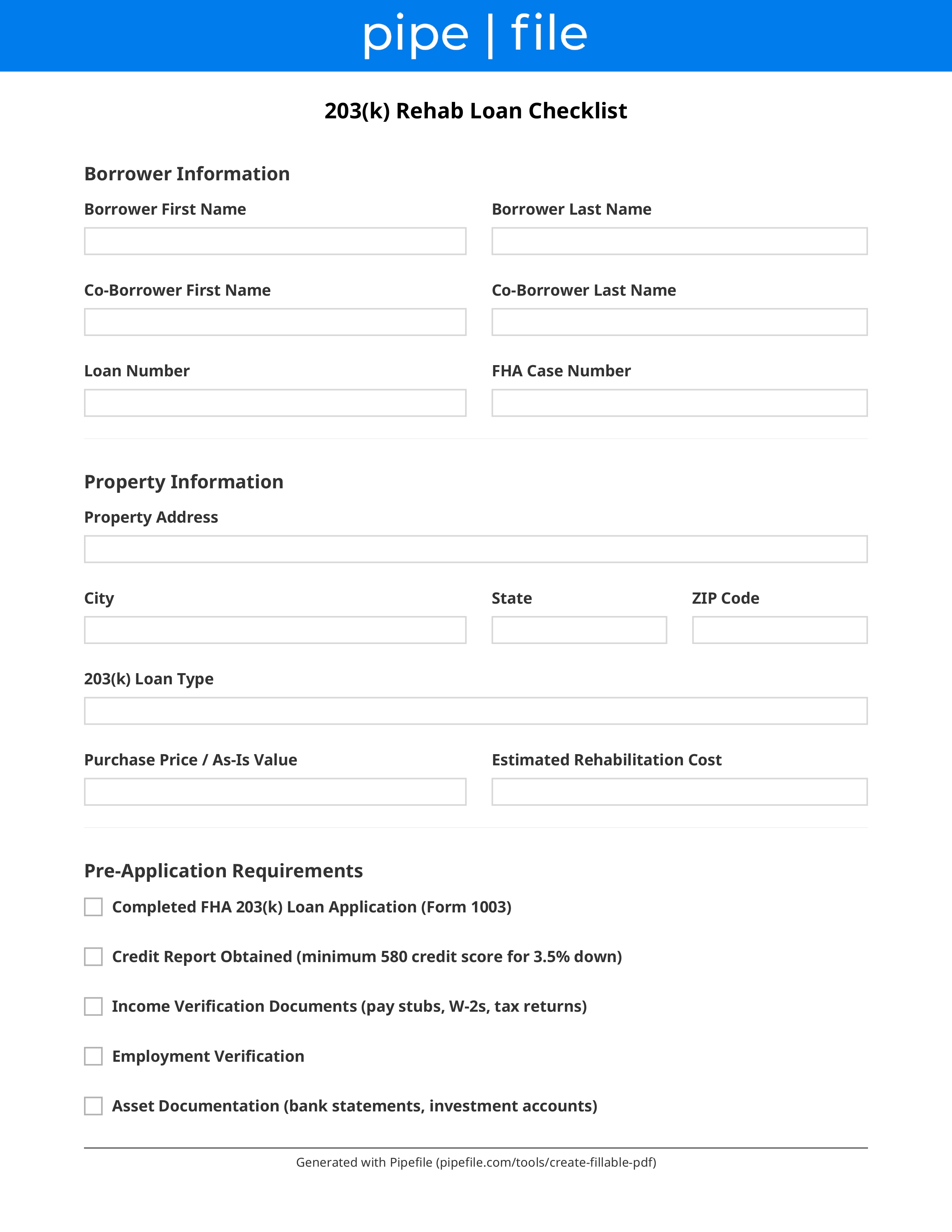 203(k) Rehab Loan Checklist: FHA Renovation Loan form template preview