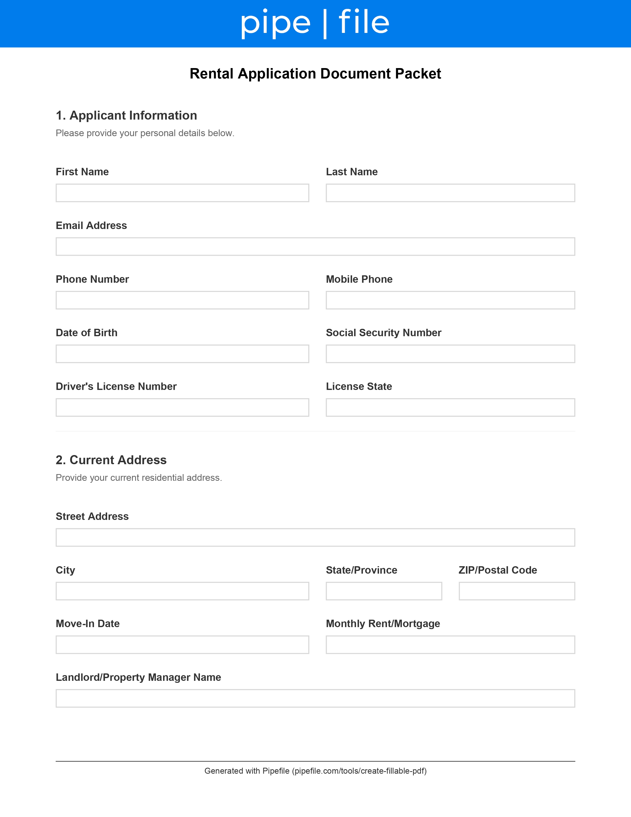 Rental Application Document Packet form template preview