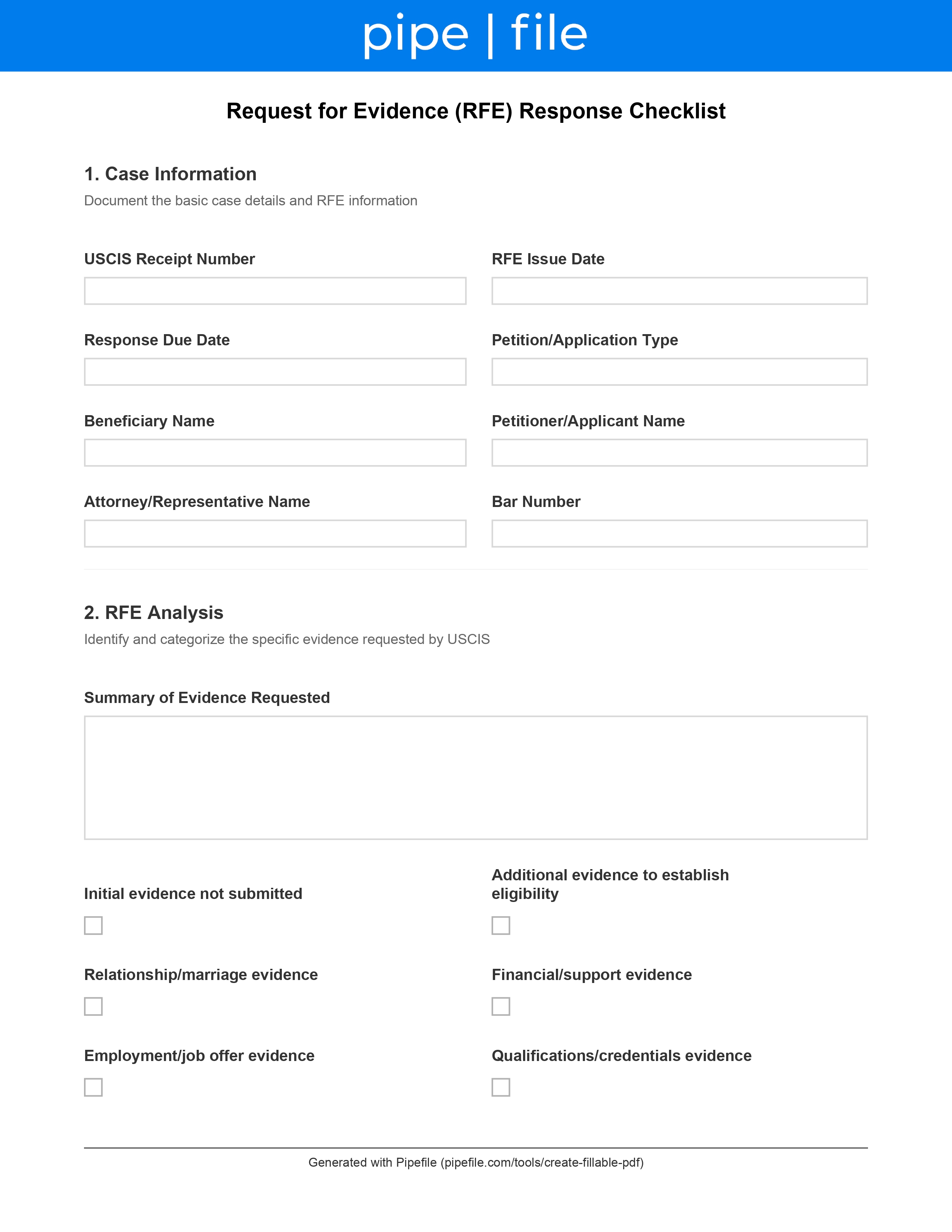 Request for Evidence (RFE) form template preview