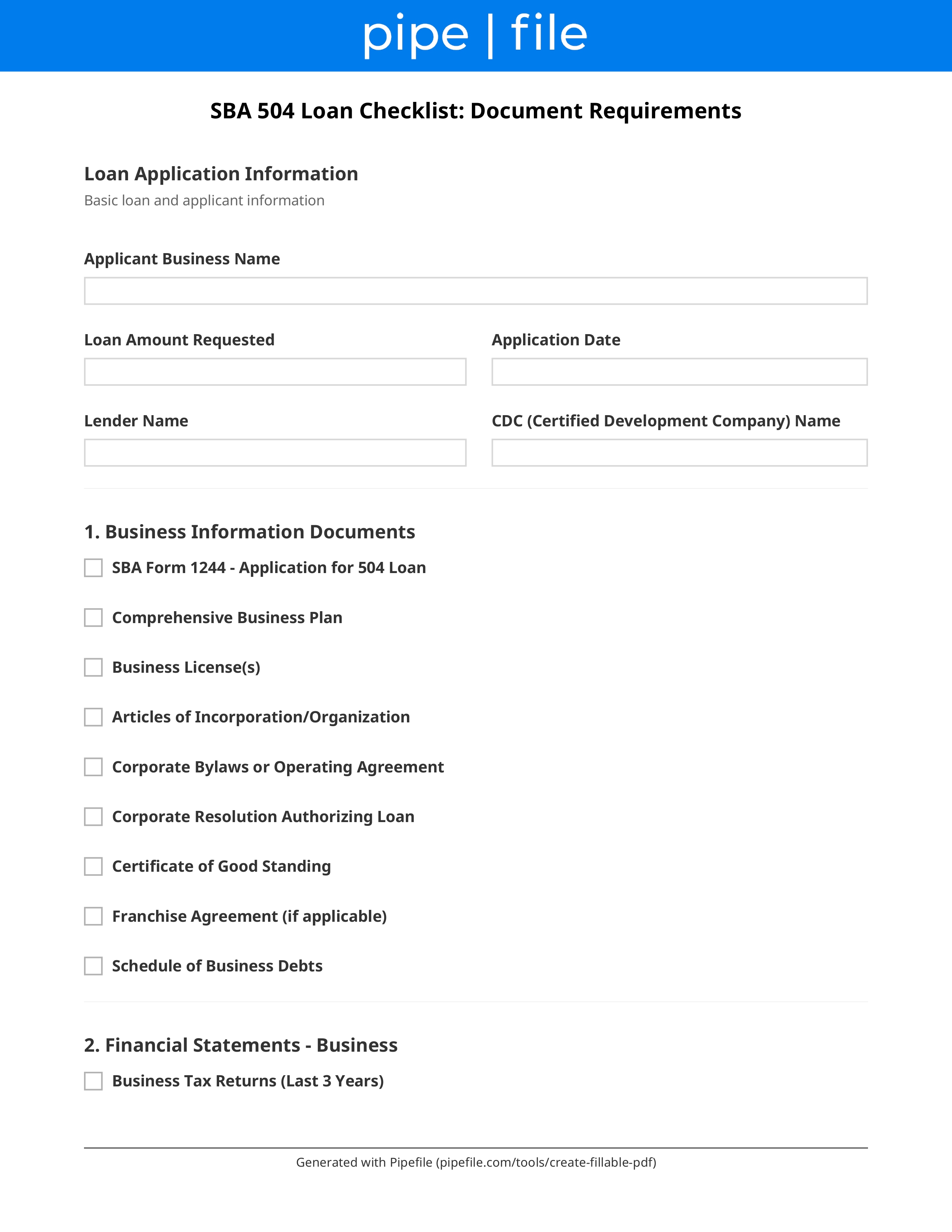 SBA 504 Loan Checklist: Document Requirements form template preview