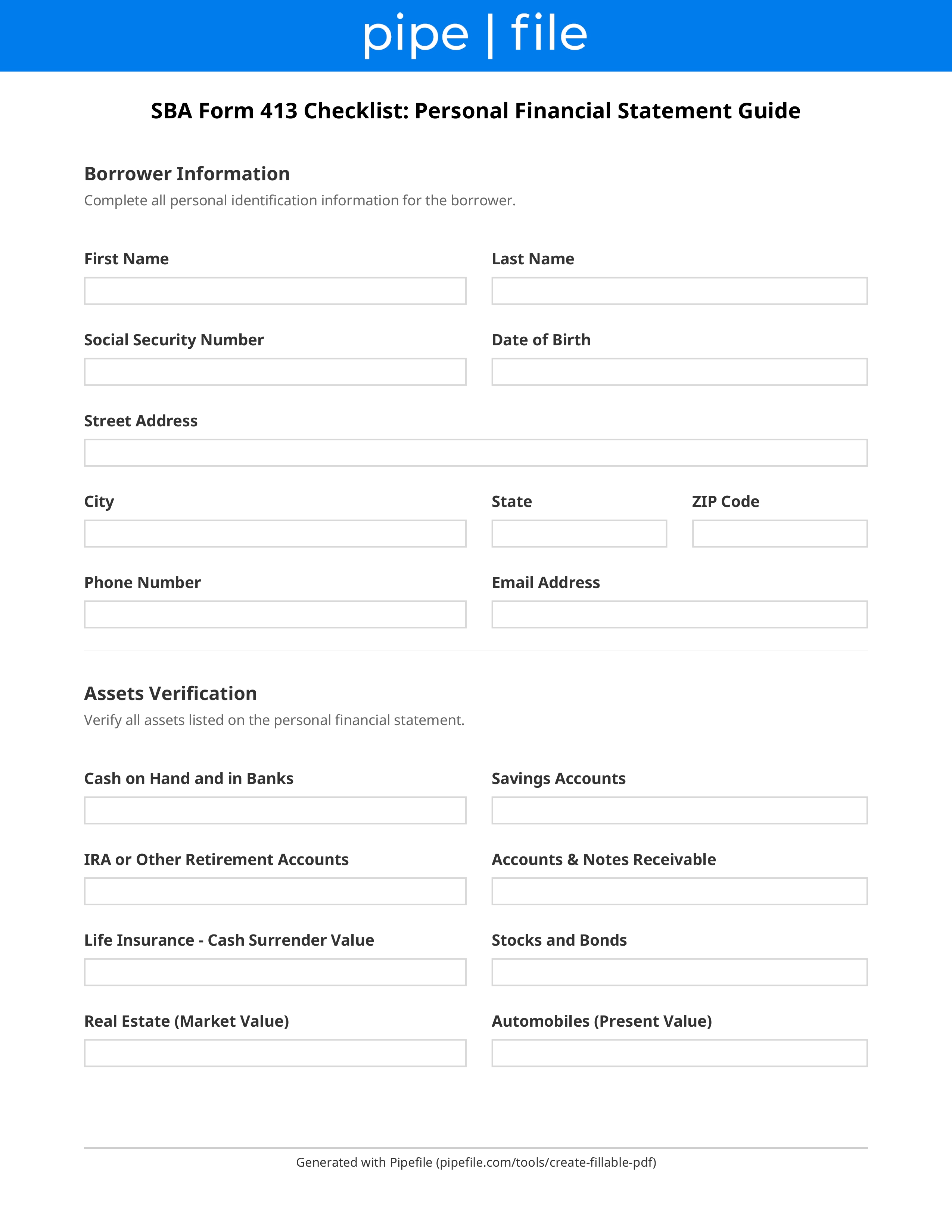 SBA Form 413 Checklist: Personal Financial Statement Guide form template preview