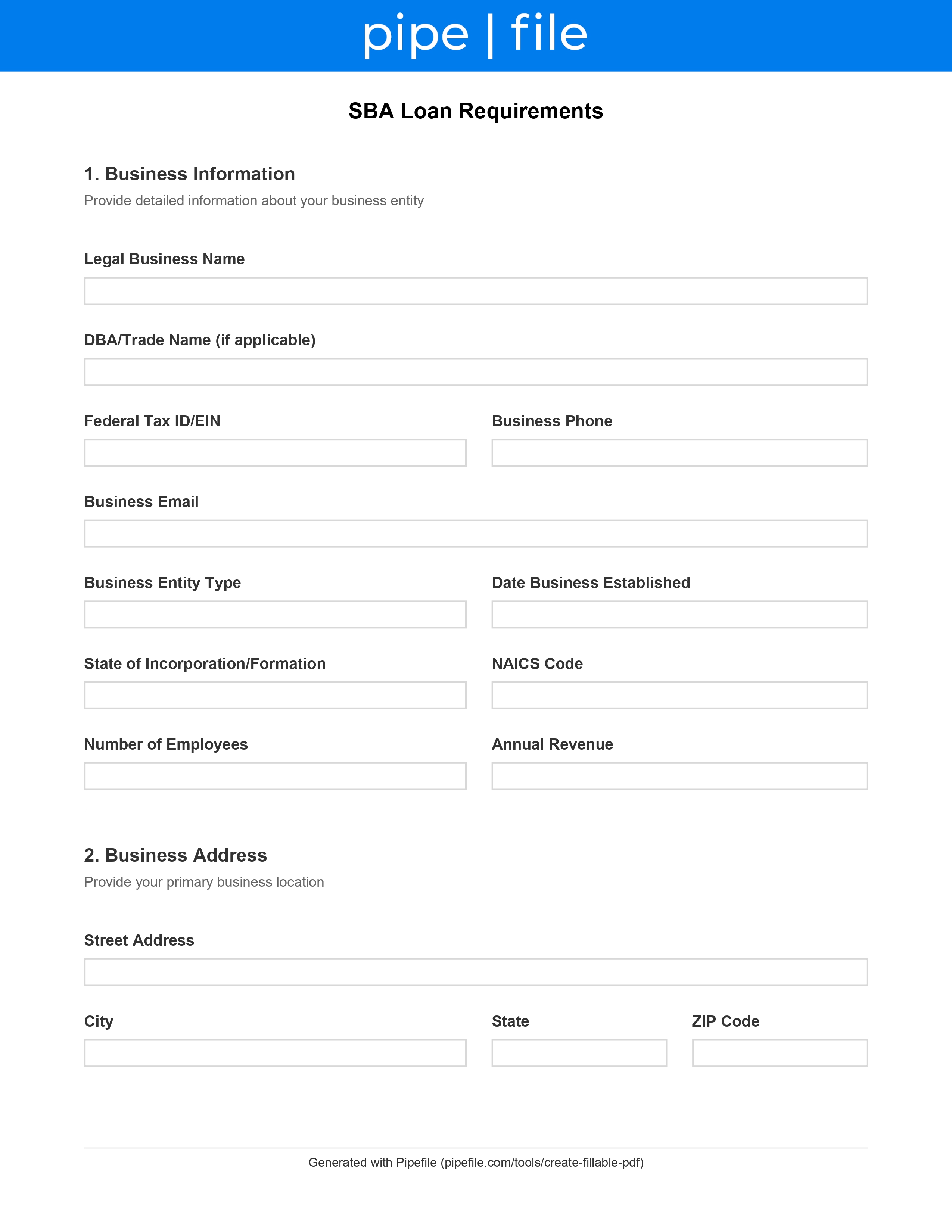 SBA Loan Requirements form template preview