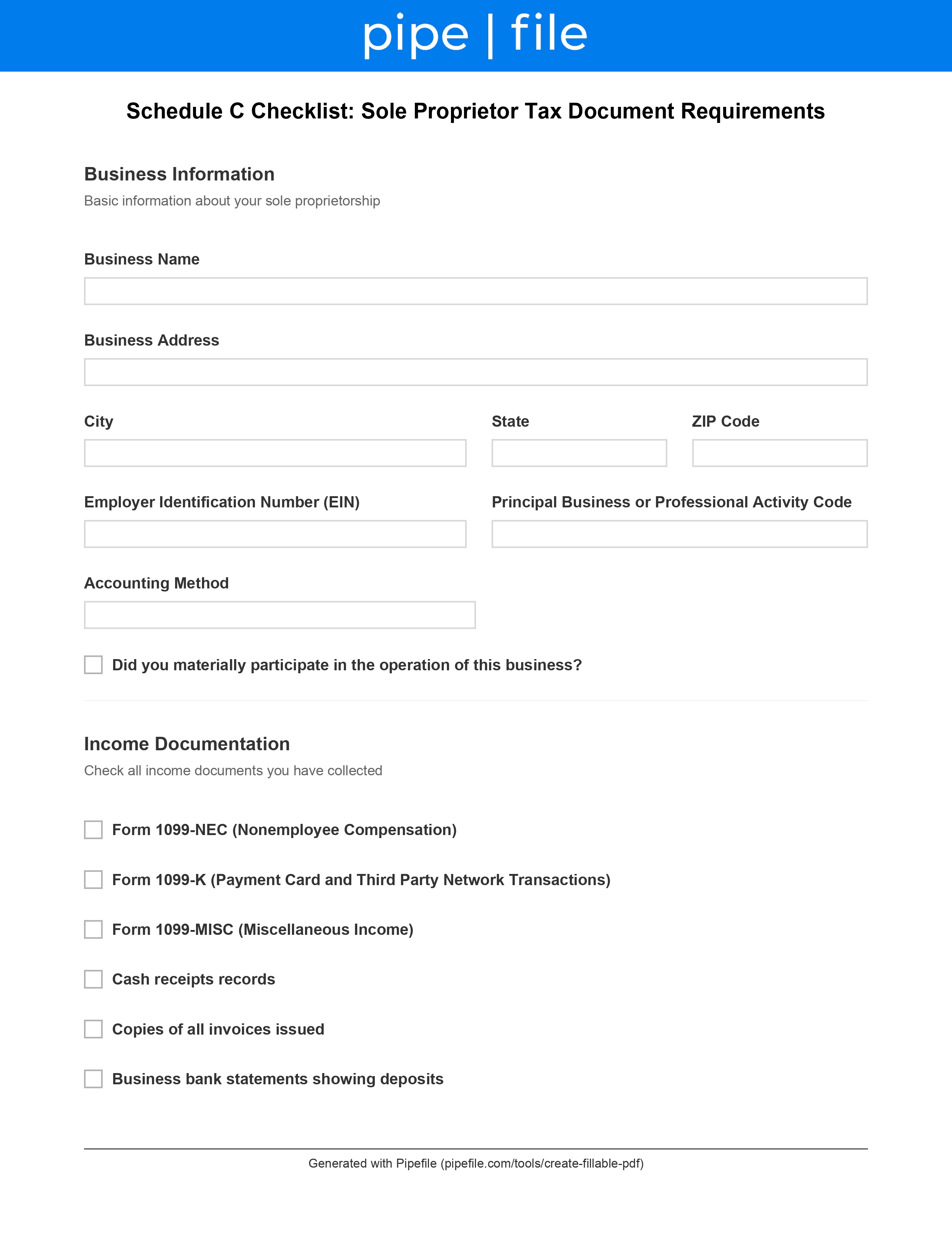 Schedule C Checklist: Sole Proprietor Tax Document Requirements form template preview