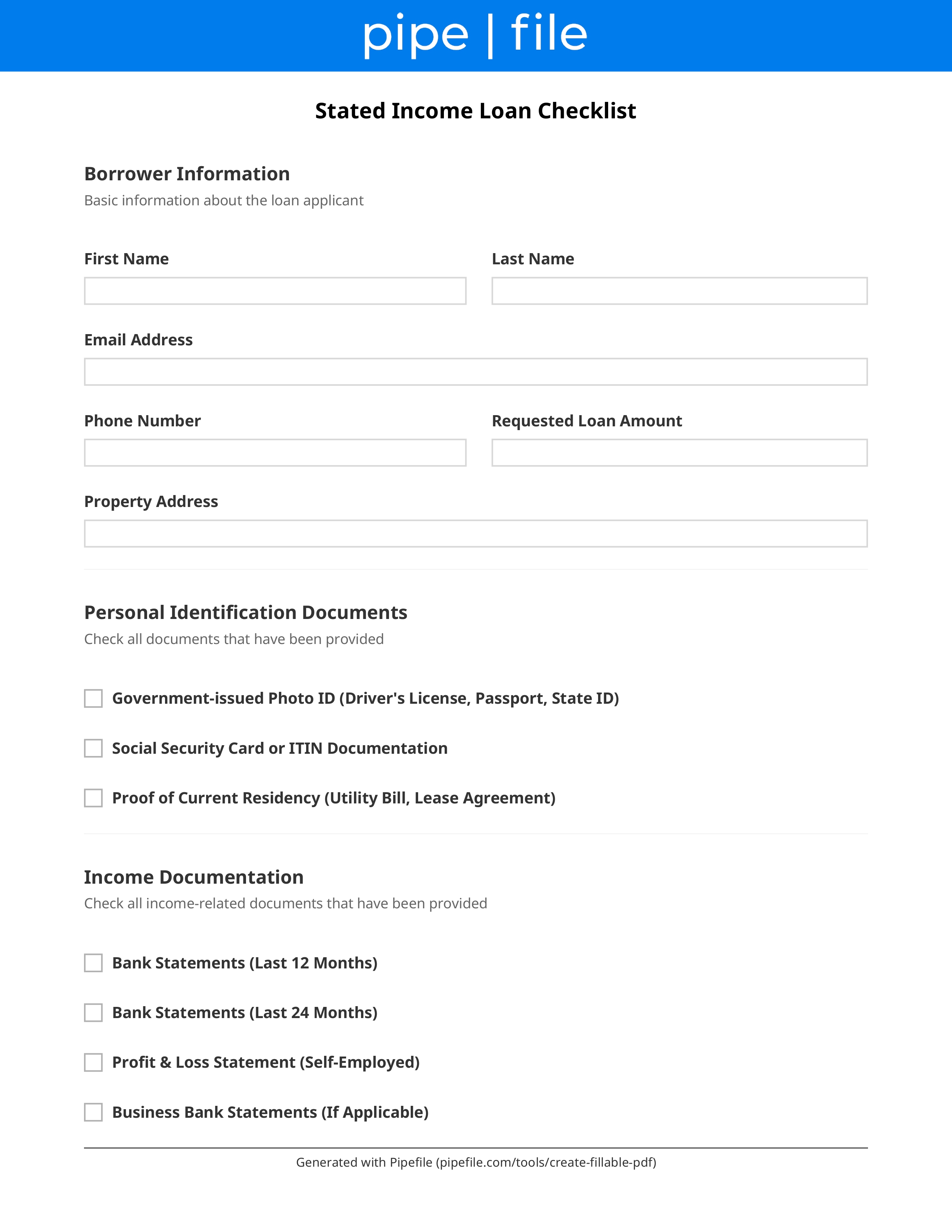 Stated Income Loan Checklist form template preview