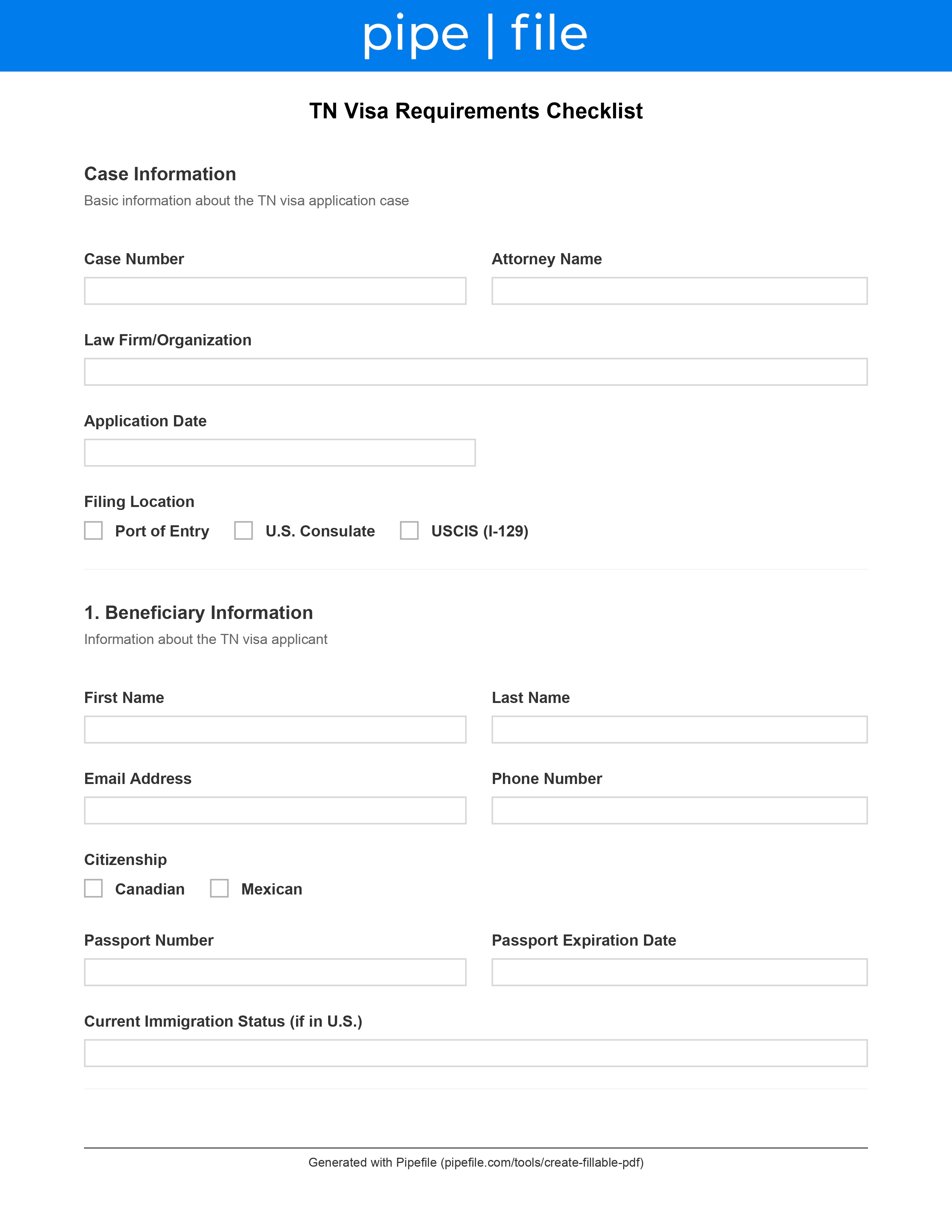 TN Visa Requirements Checklist form template preview