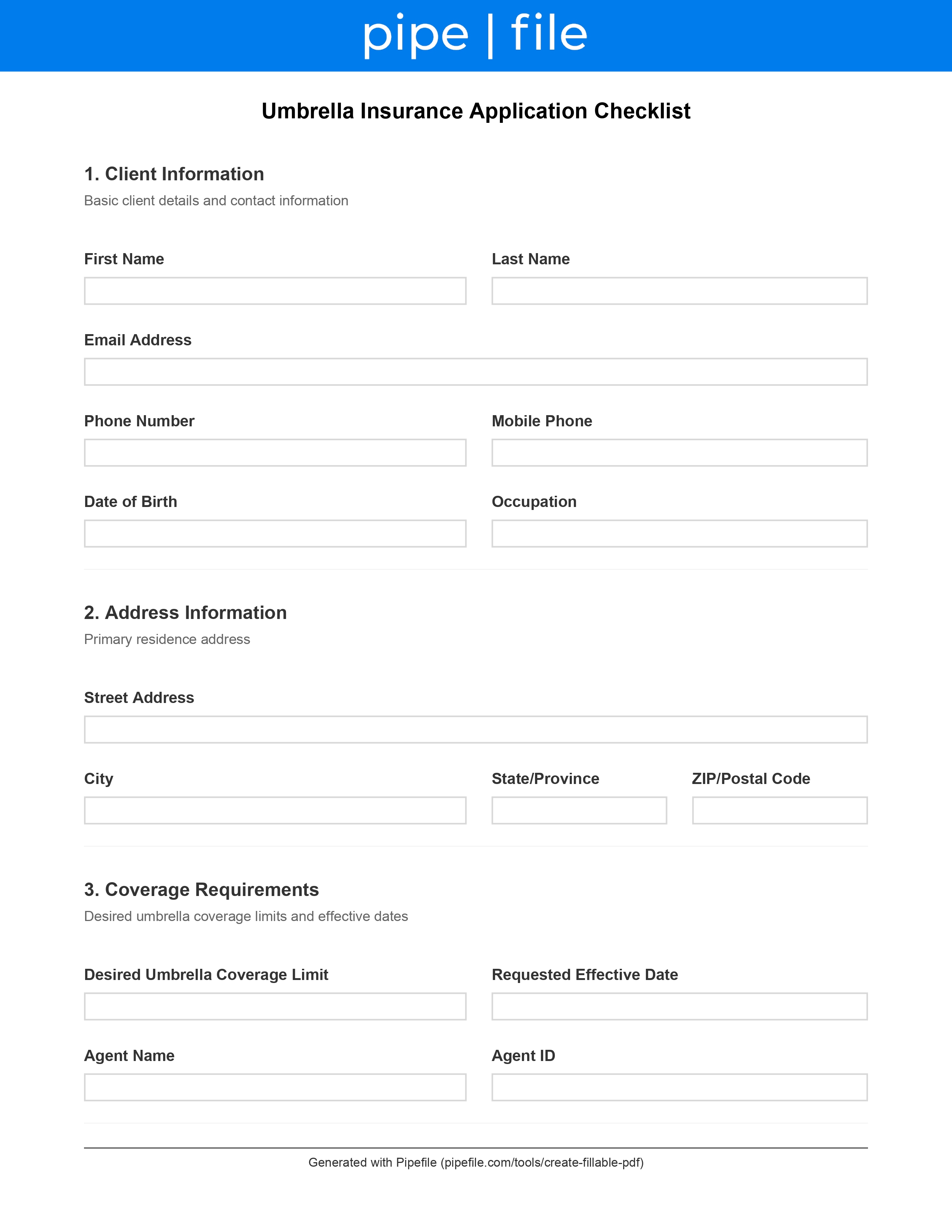 Umbrella Insurance Application Checklist form template preview