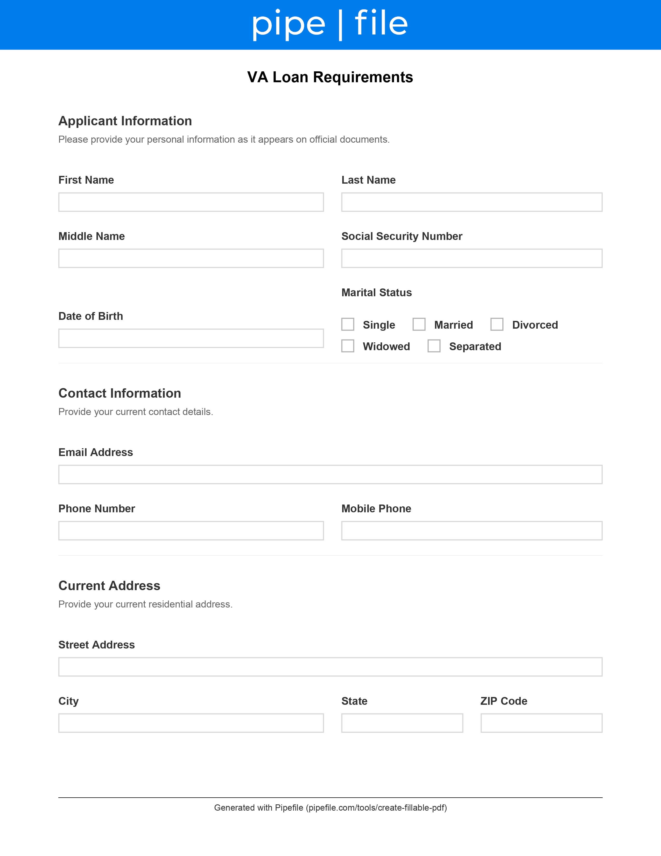 VA Loan Requirements form template preview