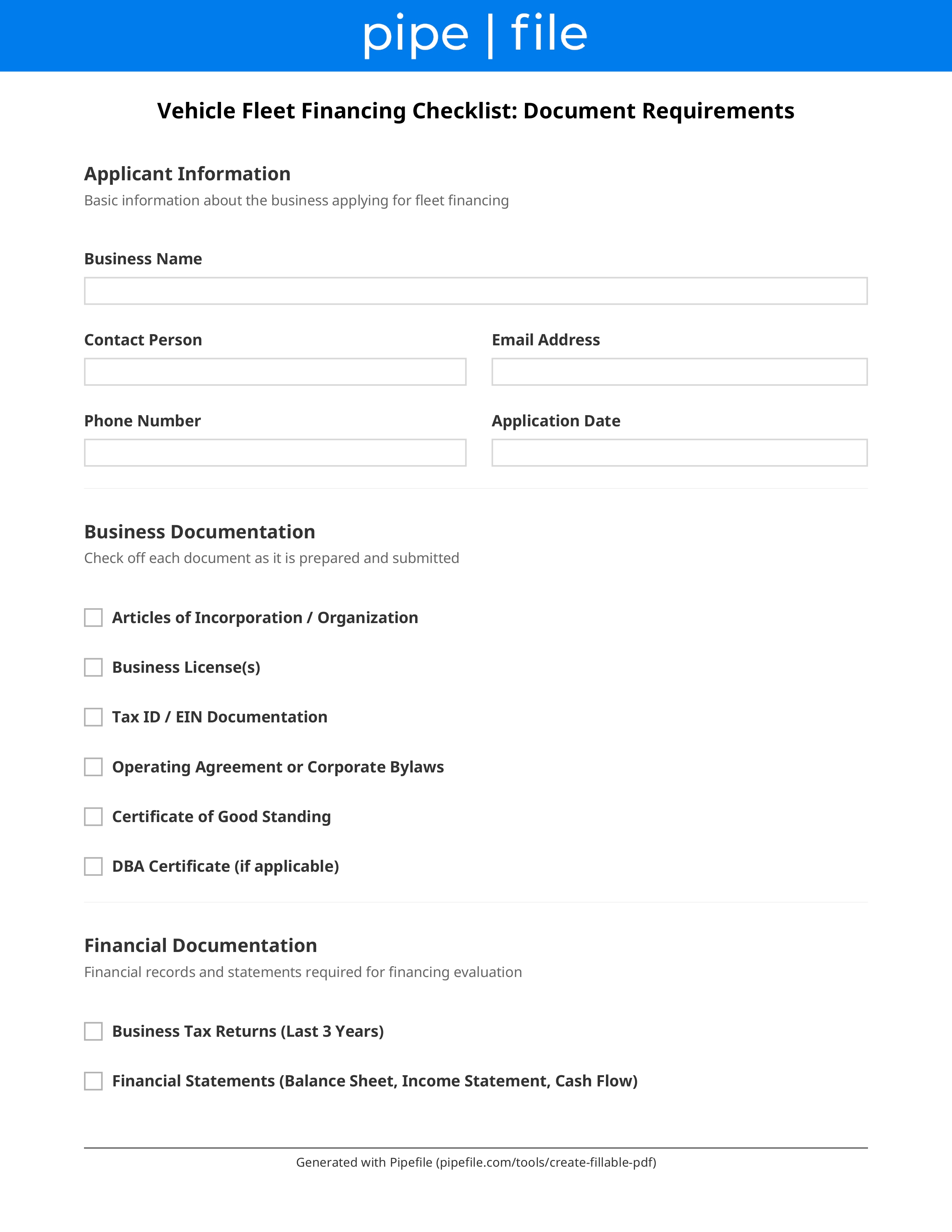 Vehicle Fleet Financing Checklist: Document Requirements form template preview