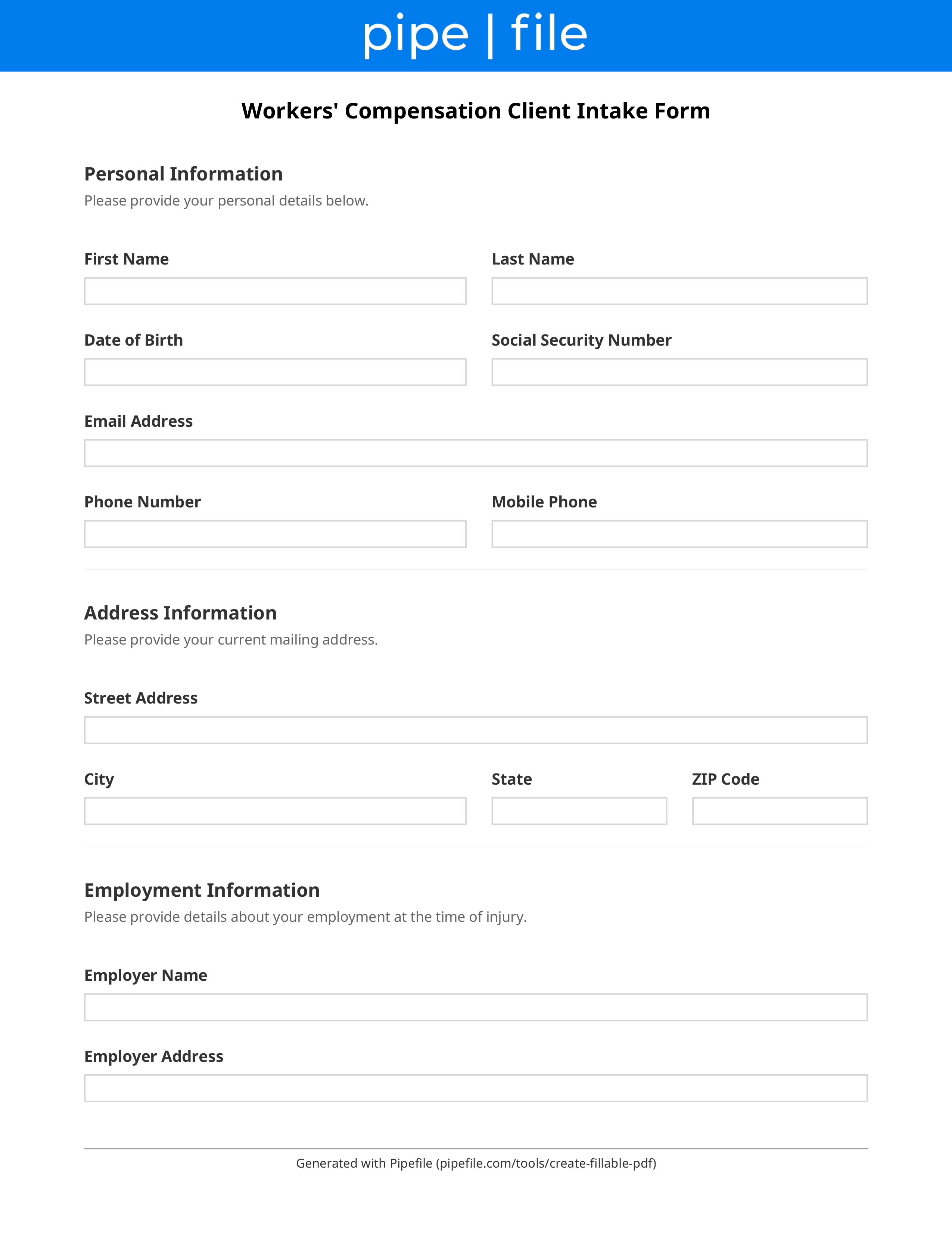 Workers' Compensation Client Intake Form form template preview
