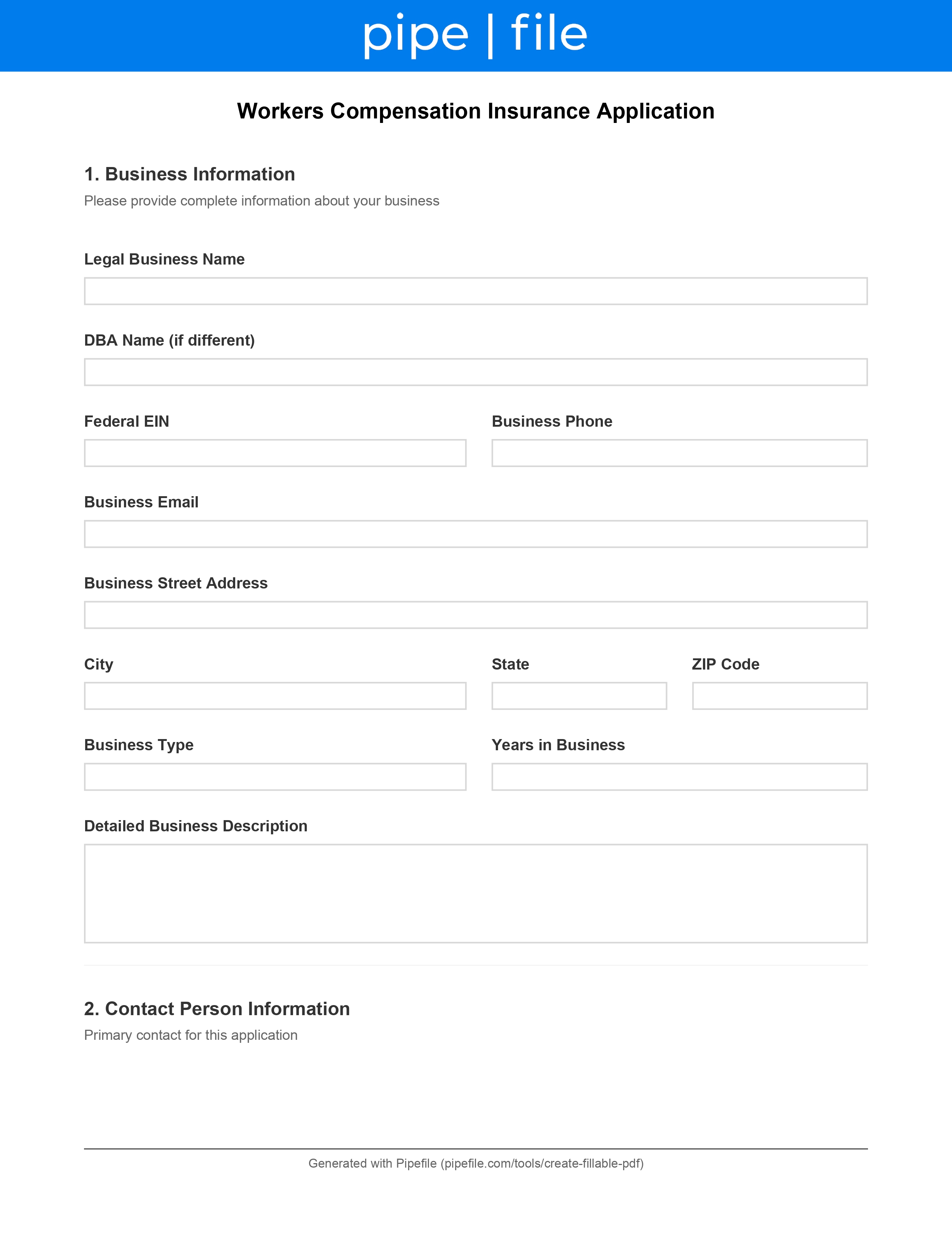 Workers Compensation Insurance Application form template preview